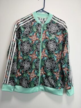 adidas Mint, Black & Coral Floral Print Bomber Jacket
